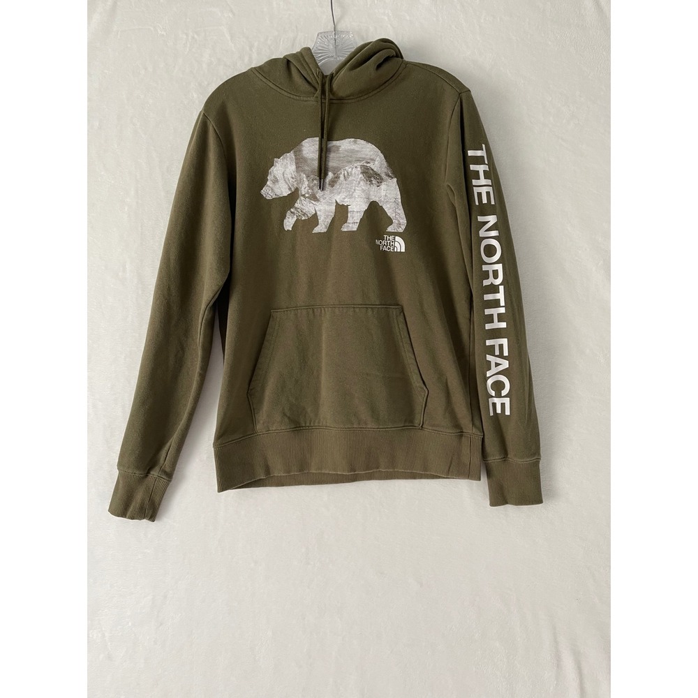 The North Face Mens Small Olive Green Bear Mountain Graphic Logo Sleeve Hoodie